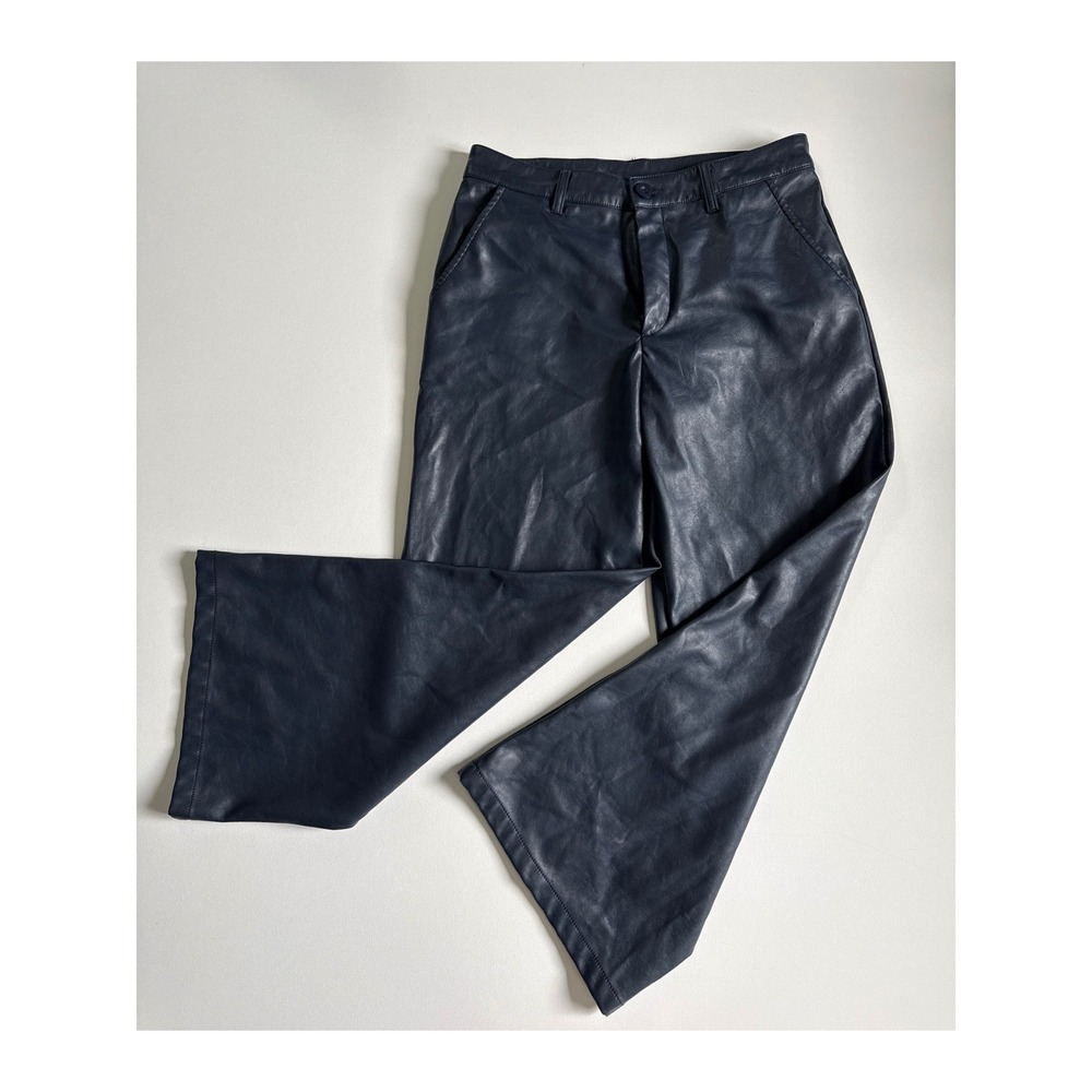 KUT from the Kloth Navy Blue Faux Leather Wide Leg Pants KB42602 Womens Size 6